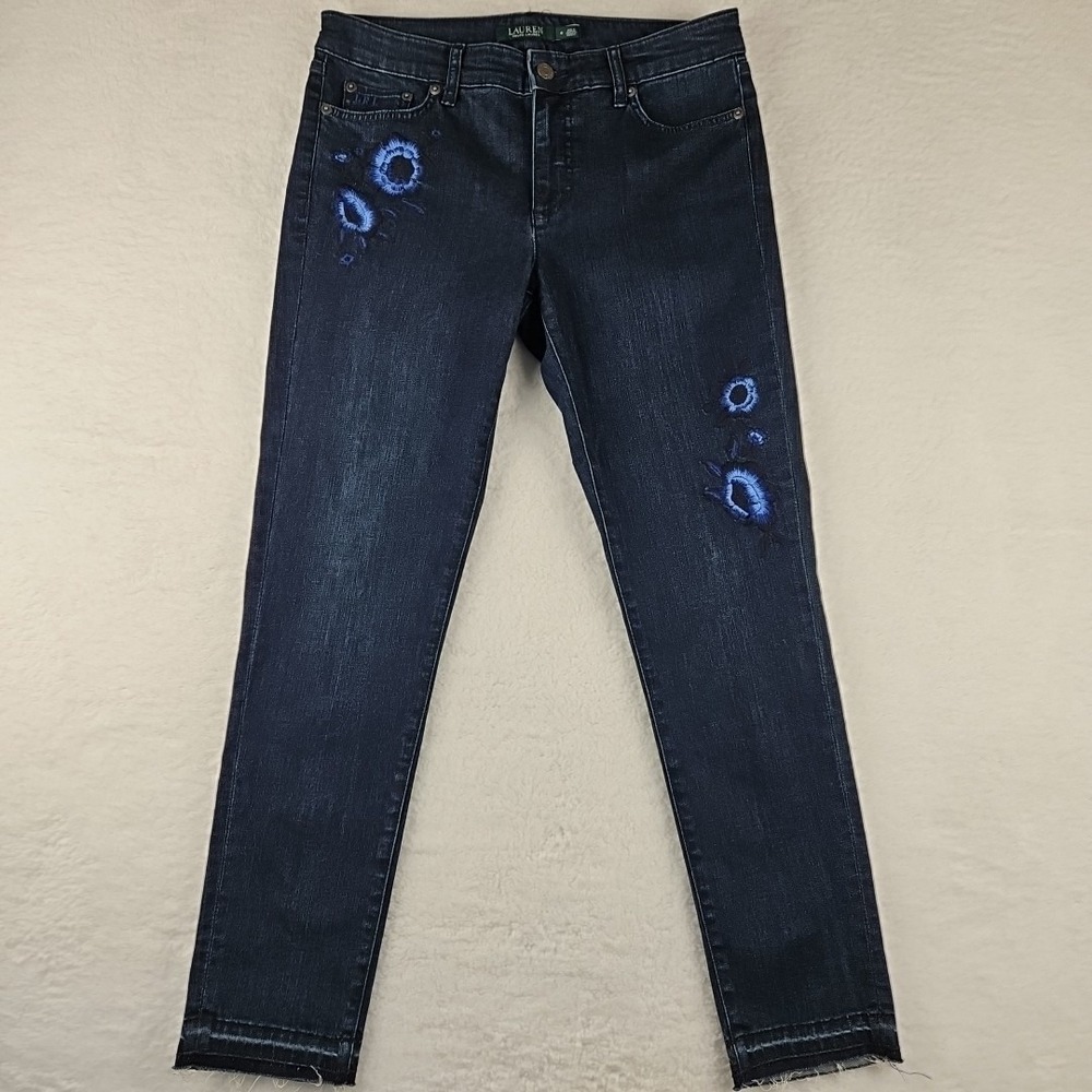 LRL Ralph Lauren Jeans Co Floral Blue Denim Skinny Crop Raw Hem Womens 4 31x26